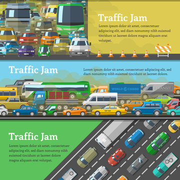 Traffic road jam vector transportation problems illustration at night and day city transport urban vehicle traffic-jam highway auto car on roads pollution and stress