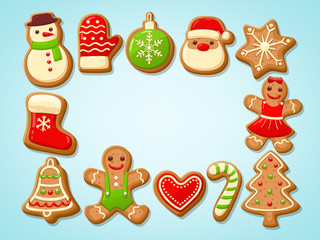 Obraz na płótnie Canvas Christmas gingerbread cookies making a rectangular frame. Vector illustration.