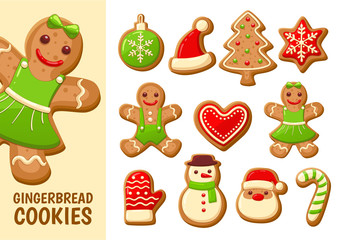 Set of cute gingerbread cookies for christmas. Isolated on white background. Vector illustration.