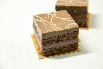 Rich milk chocolate cake on white background