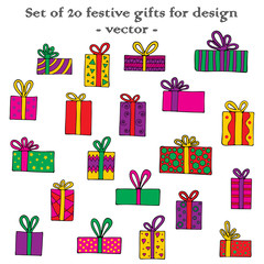 Set of 20 festive gifts for design. Hand-drawn colorful vector illustration.