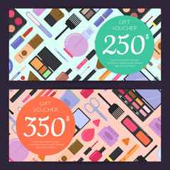 Vector gift card vouchers for beauty products with flat style makeup