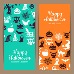 Vector halloween thin card or flyer templates with witches, pumpkins, ghosts, spiders silhouettes