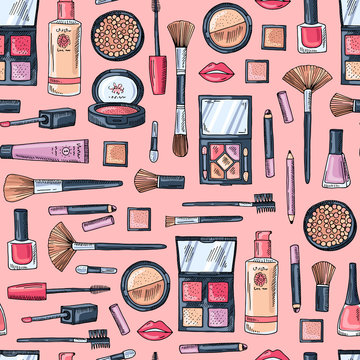 Vector hand drawn makeup products pattern
