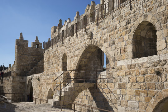 View of the wall promenade surrounding the Old City , Jerusalem, Israel