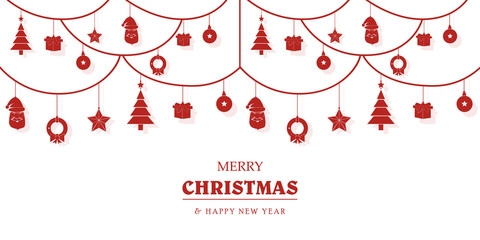 Vintage card with Christmas elements. Christmas ornaments hanging rope red. Vector illustration