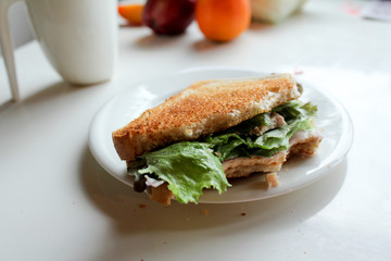 Sandwich homemade on white plate coffer cup morning 
