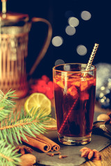 Christmas, home . Hot drink mulled wine, Christmas background. Effect toned image.