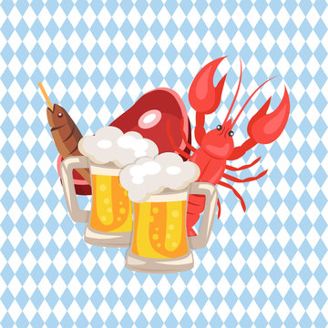 Beer and Snacks Vector Illustration on Checkered