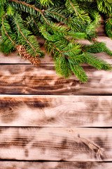 Christmas fir tree on natural wooden background.