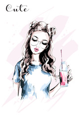 Hand drawn beautiful girl with stylish hairstyle. Fashion woman with drink bottle. Cute young woman portrait. Fashion girl in eyeglasses. Sketch. Vector illustration.