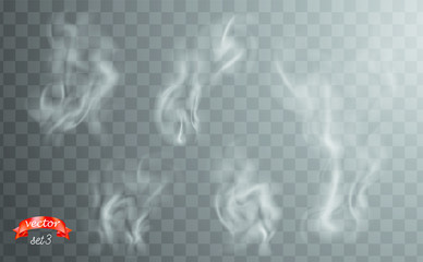 White cigarette smoke waves. White hot steam over cup for dark and transparent background. Set of fume on food, tea and coffee. Magic vapor, mist, cloud, gas or fog vector illustration. Hazy fragrance - obrazy, fototapety, plakaty