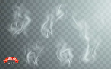 Poster Witte sigarettenrook golven. Witte hete stoom over kop voor donkere en transparante achtergrond. Set van rook op eten, thee en koffie. Magische damp, mist, wolk, gas of mist vectorillustratie. Wazige geur © Anastasia Crowley