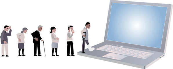 Obraz premium Line of people looking for medical help coming to a laptop, EPS 8 vector illustration