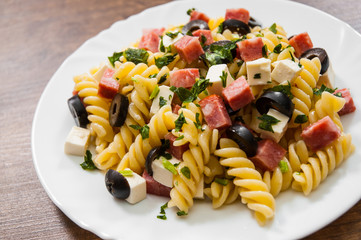 pasta fusilli salad with salami, cheese and olive in white plate on a wooden background