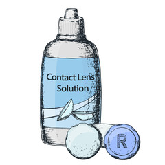 Contact lens solution and lens case on white background, sketch cartoon illustration of medical accessory for correct vision. Vector