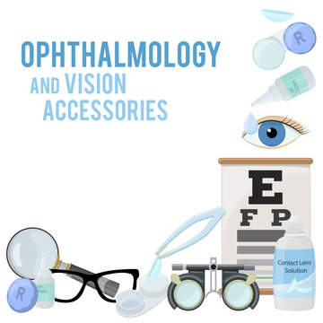 Set of medical optometry accessory for correct vision - contact lens,  solution, lens case eye test chart, glasses. Vector