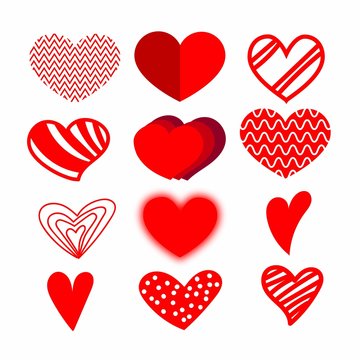 Set of hand drawn sketchy red heart icons design elements for Valentine's day. Vector illustration
