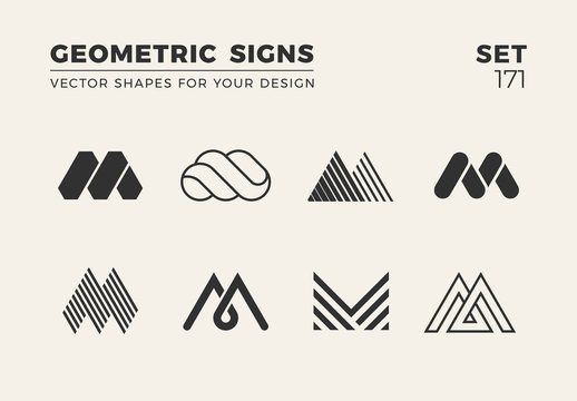 Set of eight minimalistic trendy shapes. Stylish vector logo emblems for Your design. Simple creative geometric signs collection.