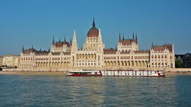 Hungarian Parliament and ferries in the Danube river, Budapest, Hungary