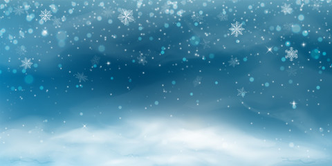 Snow background. Winter christmas landscape with cold sky, blizzard - obrazy, fototapety, plakaty