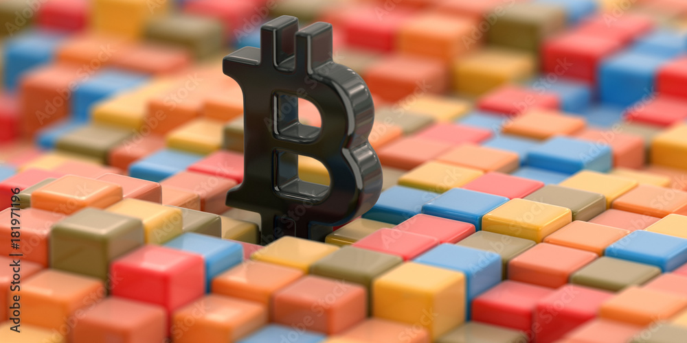 Poster abstract color cube block with bitcoin sign