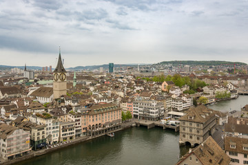 Fototapeta na wymiar City of Zurich as seen from one of the towers of Grossmunster church