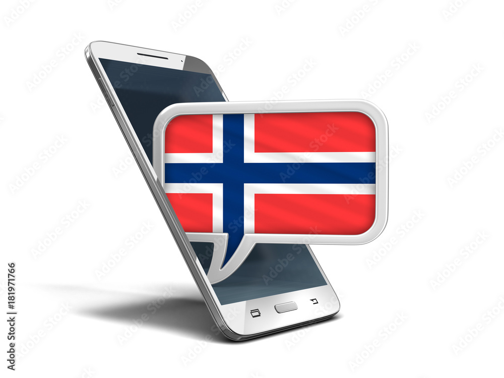 Poster touchscreen smartphone and speech bubble with norwegian flag. image with clipping path