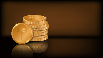 Horizontal dark background with place for your text. Stylized coin with Kazakhstani Tenge symbol standing on the edge near a stack of lying coins. Stock vector illustration