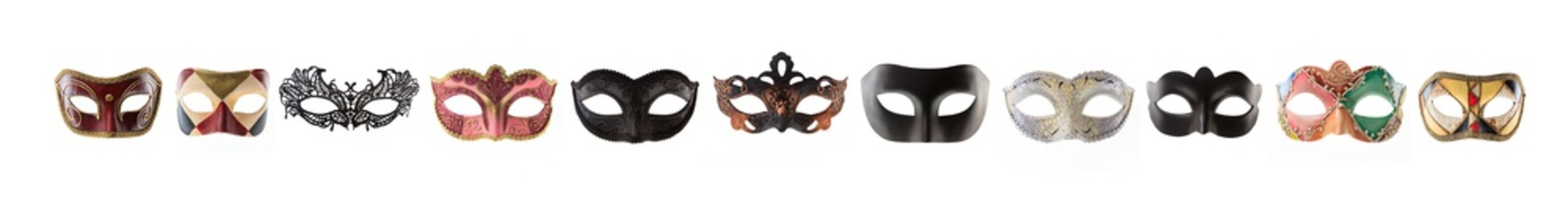 Carnival masks collage isolated on white background