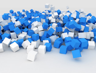 Falling blue and white cubes in a big pile