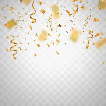 Golden flying blur confetti on transparent background . Template for Holiday vector illustration