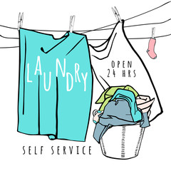 Laundry basket, colored clothes and clothespins. Hand drawn vector illustration.