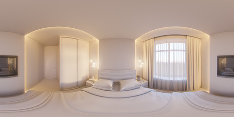 3d illustration spherical 360 degrees, seamless panorama of a white bedroom interior design. Modern studio apartment in the Scandinavian minimalist style. 