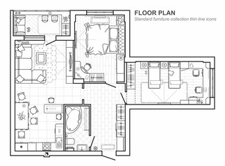 Floor plan with furniture in top view. Architectural set of furniture thin line icons. Detailed layout of the modern apartment. Vector blueprint.