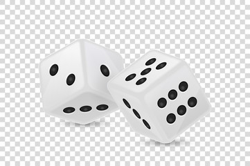 Vector illustration of white realistic game dice icon in flight closeup isolated on transparency grid background. Casino gambling design template for app, web, infographics, advertising, mock up etc