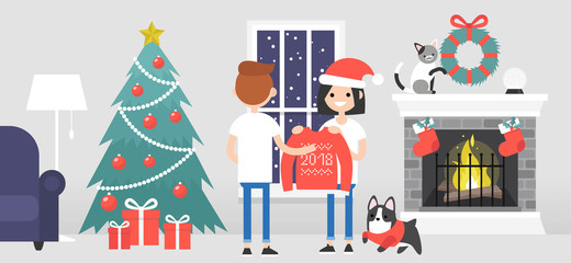 Merry christmas. A couple of young characters celebrating the Xmas. Decorated guest room with a fireplace. Pets. Cozy interior. Flat editable vector illustration, clip art