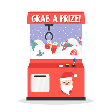Grab a prize. Merry christmas theme. Toy grabber. One-armed bandit. Slot machine full of xmas presents/ flat editable vector illustration, clip art