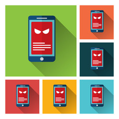 Malware notification on smartphone vector, flat style mobile phone with skull bones bubble speech red alert, concept of spam data, fraud internet error message, insecure connection, online scam, virus