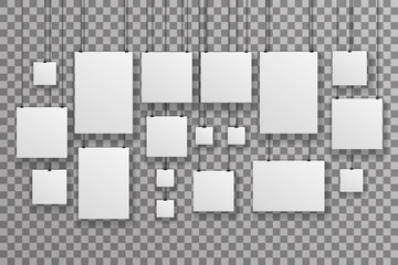 Poster Photo Picture Gallery Hang Rope Paper Big Little Realistic Icon Set Template Transparent Wall Background Mock Up Design Vector Illustration