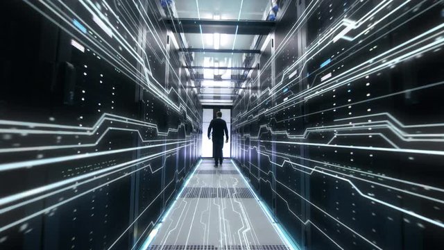 IT Engineer Moving Followed By Conceptual Representation of Digitization of Information Flow Moving Through Rack Servers in Data Center. 