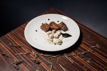 delicious pork fillet with mushrooms;