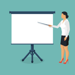 Business presentation. Businesswoman standing near whiteboard making a presentation. Pointing and explains the chart, giving report. Vector illustration of flat design style. Business female in suit.