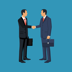 Partnership concept. Business meeting. Two businessmen in suits with briefcase shake hand. Handshake symbol successfu deal. Vector illustration flat design isolated on background. Professional people.