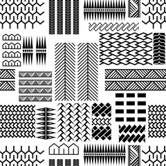 Fototapeta premium Black and white mayan embroidery seamless vector pattern. Monochrome geometric abstract repeat background with lines and shapes.