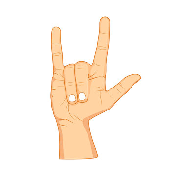 Horns hand, satan sign finger up gesture. Vector isolated on white background. Realistic cartoon illustration.