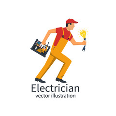 Professional electrician. Electrician with the toolbox is running for service. Equipment tools and a light bulb with plug in hand. Vector illustration flat design. Isolated on white background.