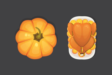 Baked turkey with orange for Thanksgiving Day in cartoon style. outumn food.