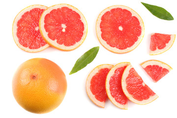 healthy food. sliced grapefruit with green leaf isolated on white background top view