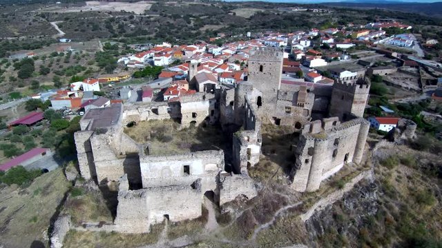 Aerial view in spanish castle of  Belvis de Monroy. Extremadura. Spain. 4k Drone Video